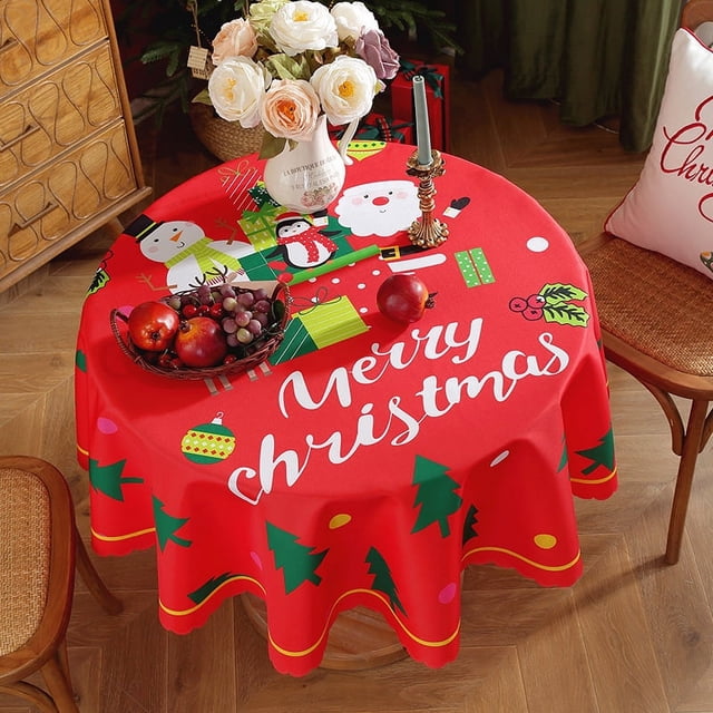 Mantel redondo impermeable antiincrustante con diseño de árbol de Navidad rojo de Navidad y Papá Noel