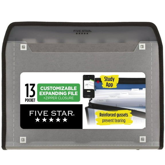 Five Star 13-Pocket Customizable Expanding File Plus Study App, 8 1/2" x 11", Dark Gray (350110A-WMT)