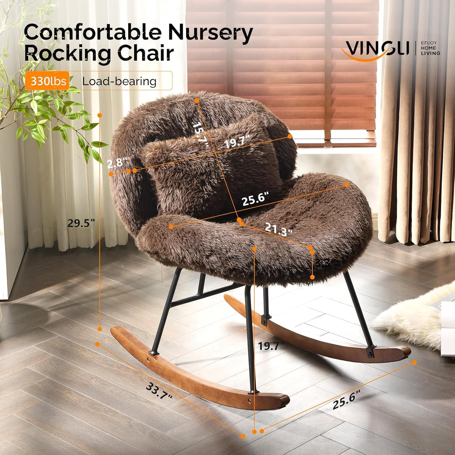 WBTER 25.6" Extra Wide Criss Cross Nursery Rocking Chair,Cute Curved 115° Reclining Armless Glider,Plush Small Rocker w/Pillow & Solid Wood for Indoor,Bedroom, Living Room,Fluffy Fleece,Cocoa