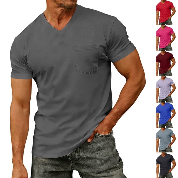 Yifymode Men's V Neck T-Shirt Short Sleeve Chest Pocket Soft Lightweight Casual Daily Wear Tees for Men