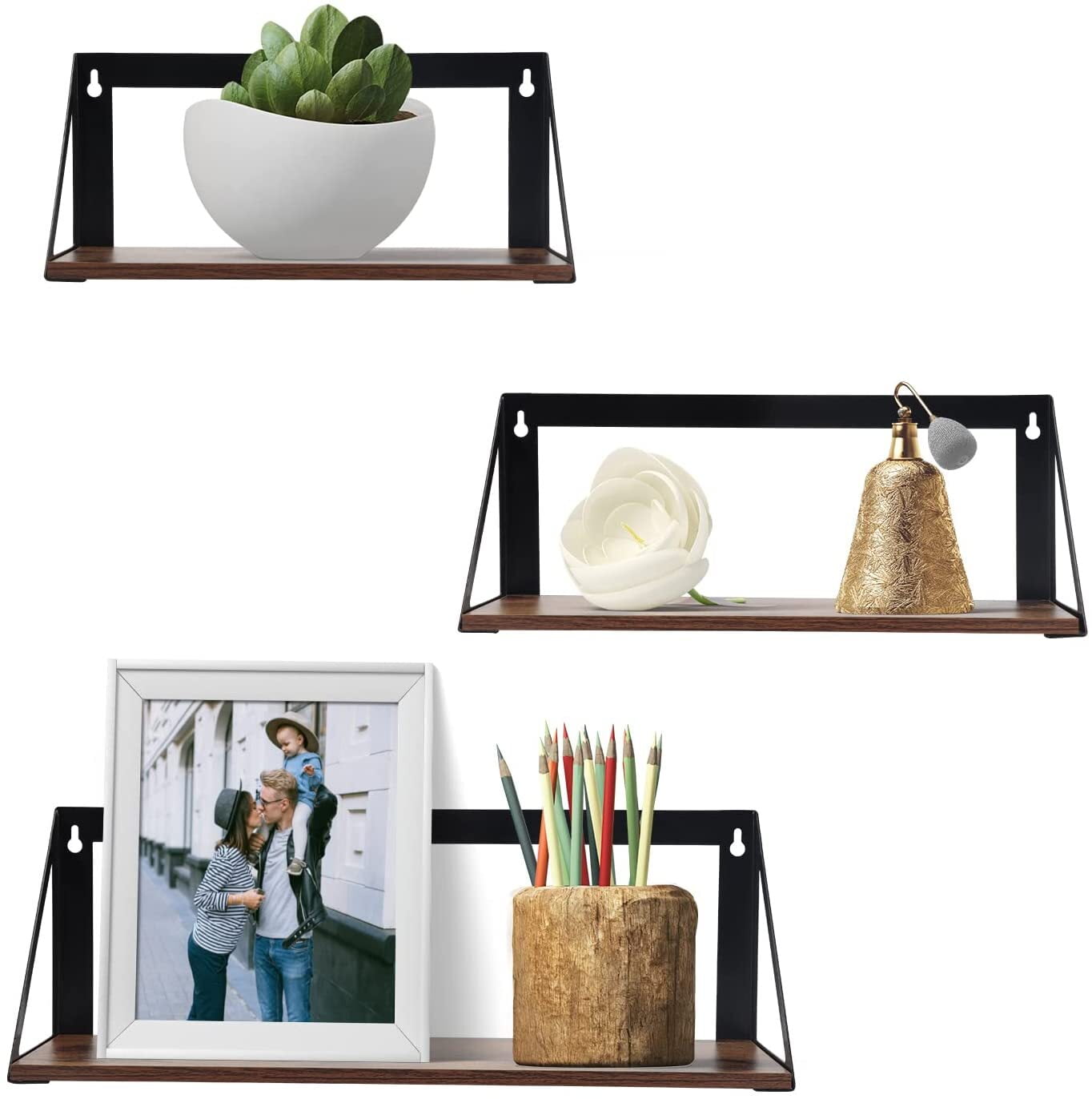 Floating Wall Shelves Set of 3, Rustic Brown Storage Shelf with Black ...
