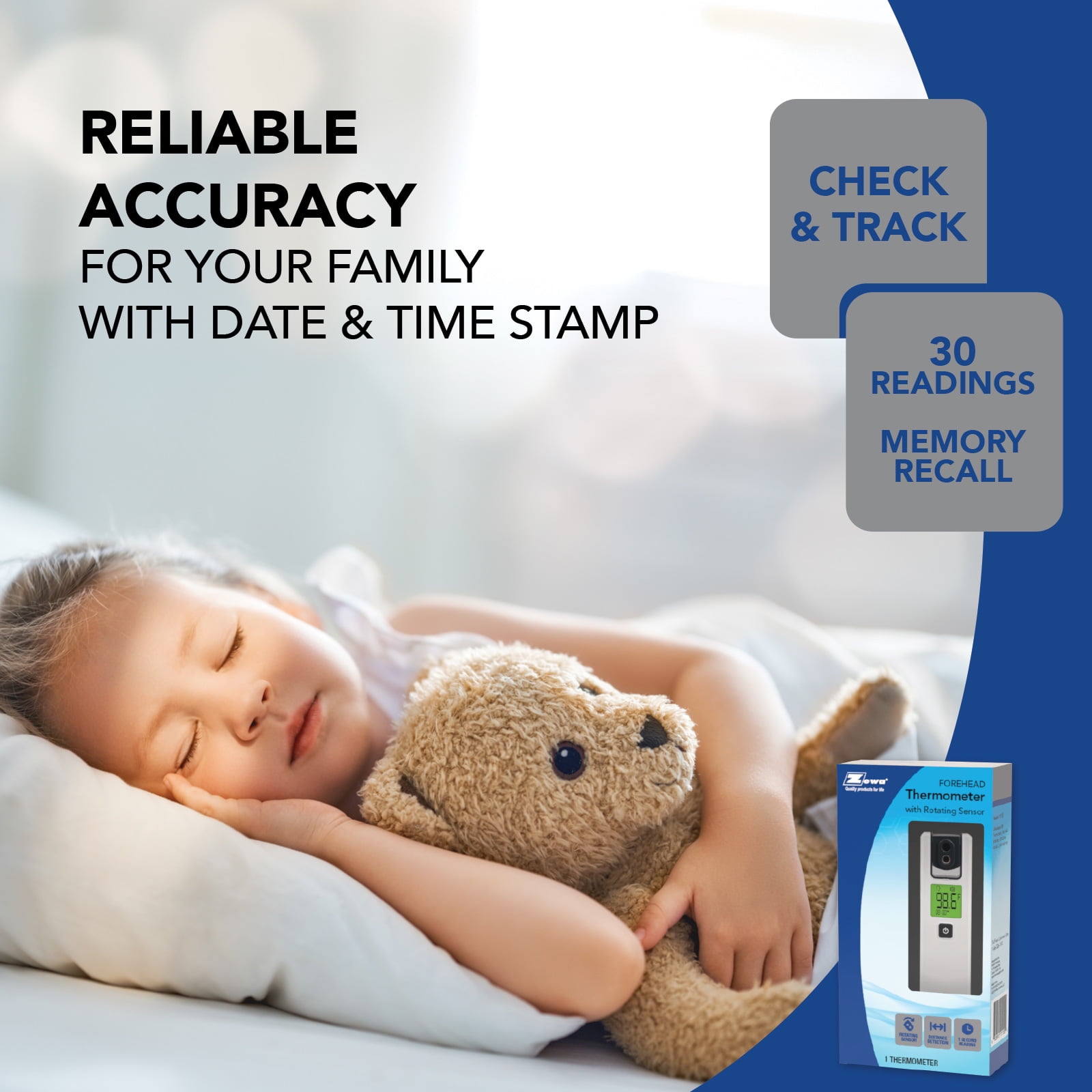 Zewa 4-Way Rotating Infrared Thermometer | Forehead Non-Touch Technology | Fast 1-Second Reading | Distance Detection | LCD 3-Color Display | Memory Recall | Measures Person & Objects
