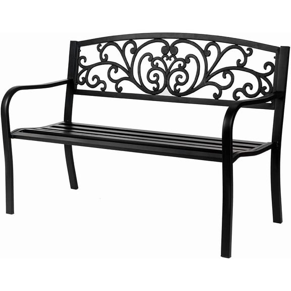 VINGLI Outdoor Bench, Metal Frame Garden Bench with PVC Floral Back Pattern and Slatted Seat, Black Patio Benches for Front Proch Entryway Park