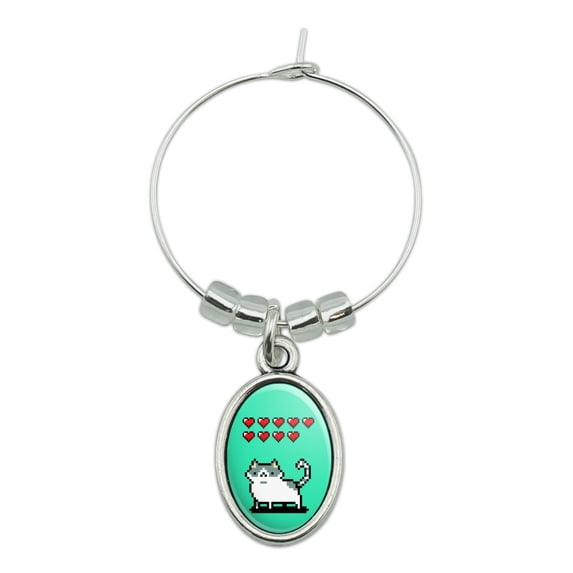 Nine Lives Cat Pixel Retro Game Wine Glass Oval Charm Drink Marker