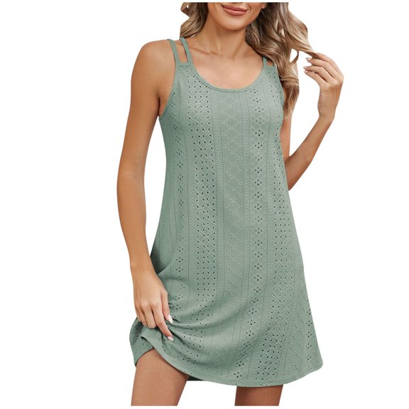 ATOYSOY Women's Scoop Neck Loose Mini A Line Dress Beach Sundress Solid Color Elegant Casual Eyelet Spaghetti Strap Nightdress Sleeveless Dress for Girls Green XL