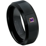 JEWELRY AVALANCHE 0.05ctw Princess Cut Amethyst Tungsten Ring - 8MM Polished Black IP Beveled Edge Tungsten Carbide Wedding Band - February Birthstone Ring - 14kt Rose Gold Bezel - TN084PSRG-1AMTs8