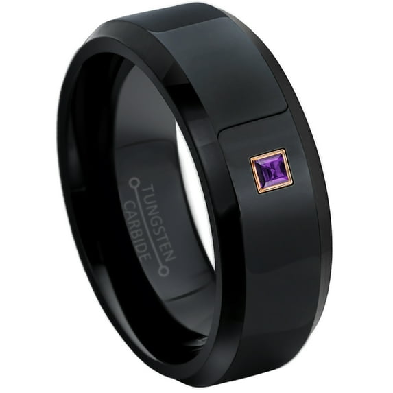0.05ctw Princess Cut Amethyst Tungsten Ring - 8MM Polished Black IP Beveled Edge Tungsten Carbide Wedding Band - February Birthstone Ring - 14kt Rose Gold Bezel - TN084PSRG-1AMTs13