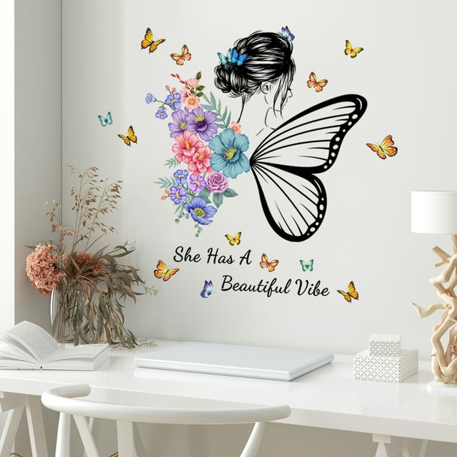 Un conjunto de pegatinas de pared de flores de mariposas de niña bonita decoración de pared para dormitorio sala de estar Oficina TUNC Sencillez