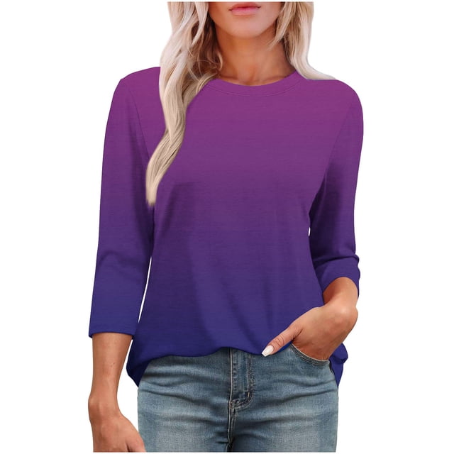 Plebaso T-Shirts à Manches 3/4 Col Rond pour Femmes Tee-Shirts Décontractés Amples Blouses Dégradées pour S-5TG