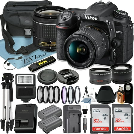 Nikon D7500 DSLR Camera with 18-55mm Lens + 2pcs SanDisk 32GB Memory Card + Case + Tripod + Wideangle + Telephoto + ZeeTech Accessory Bundle