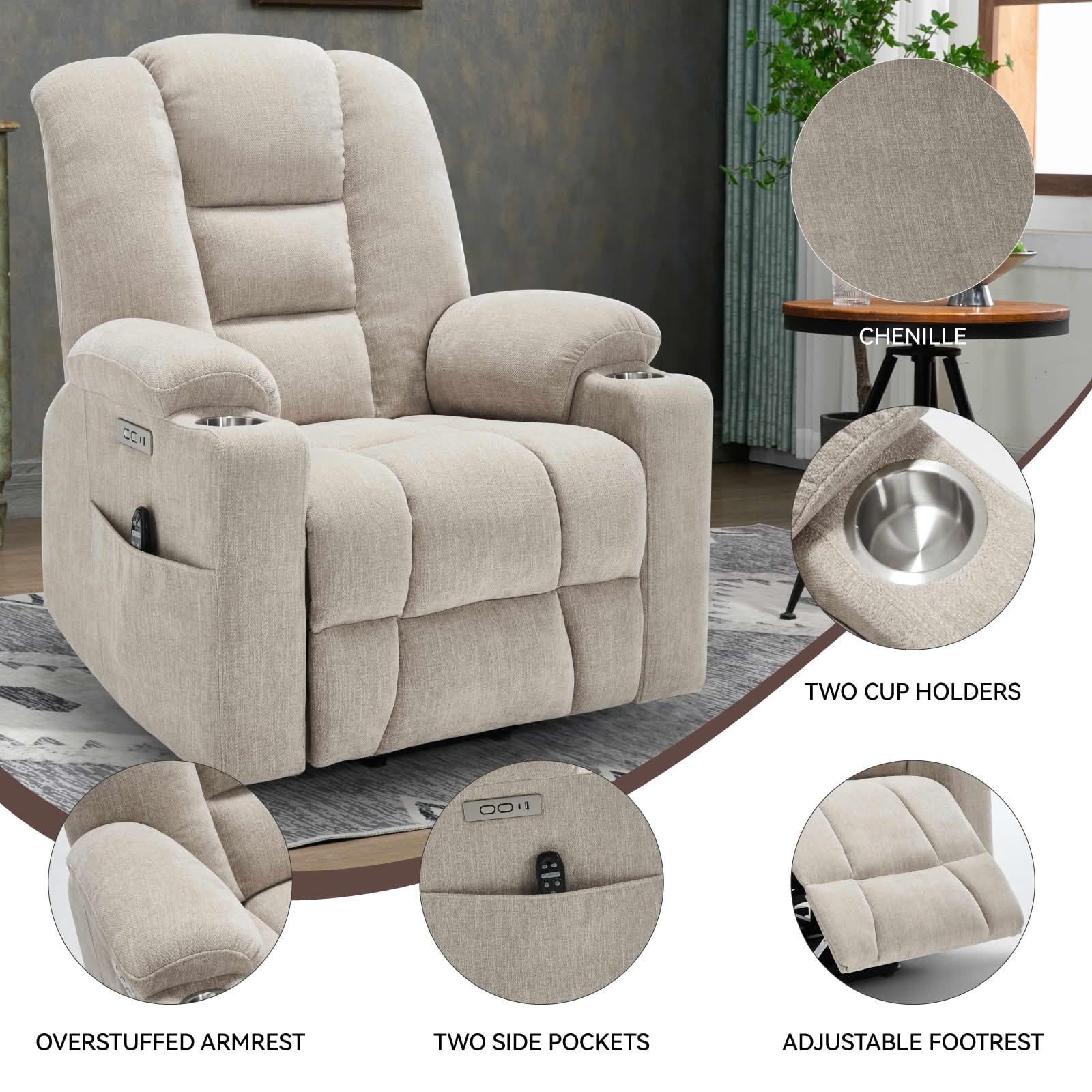 MAYEERTY Beige Chenille 350lbs Power Lift Recliner, Massage Heat USB-C 34"x39"x42" Wide Overstuffed for Elderly