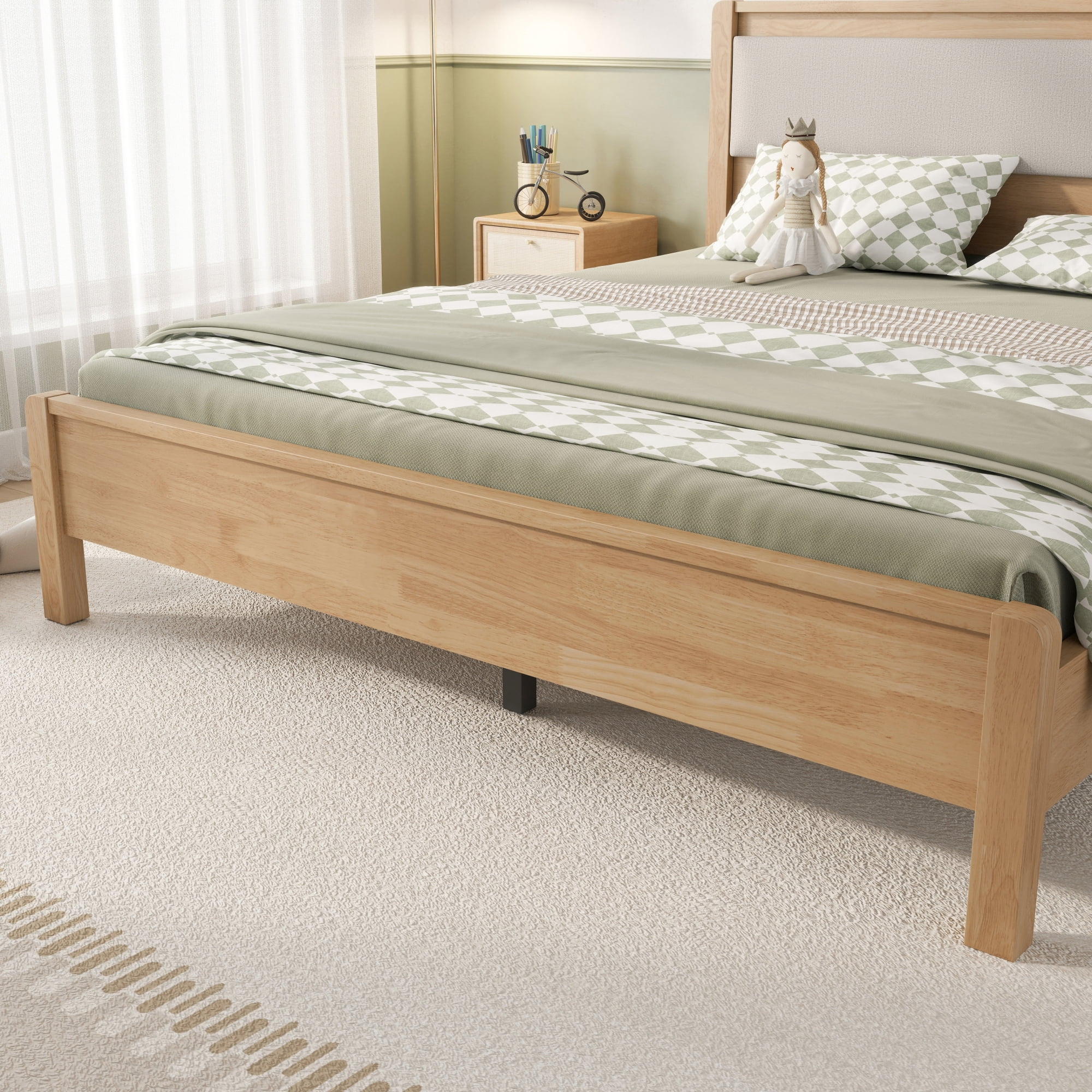 HOQBN Queen Solid Rubberwood Bed Frame with Upholstered Headboard, Reinforced Central Support Legs for Bedroom Natural