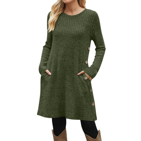 Womens Dresses Ladies Winter Warm Solid Color Elegant Fashion Style Temperament Wool Long Sleeved Round Neck A-Line Modest Skirt Dress Black S-2XL