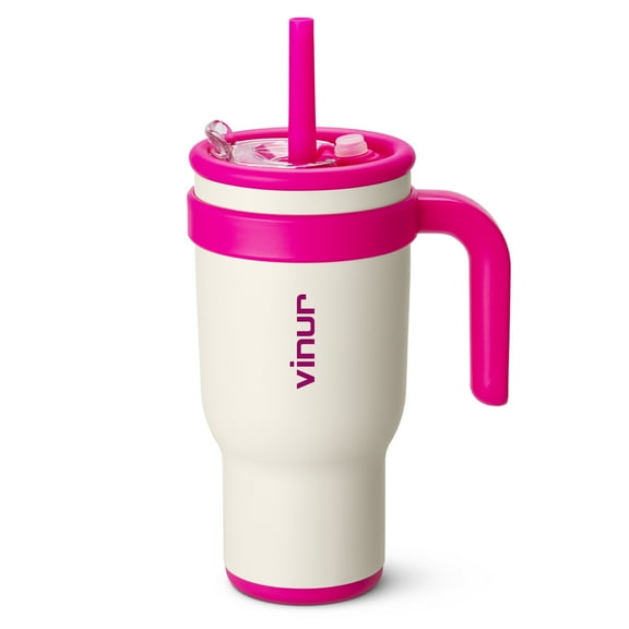 VINUR 30oz Insulated Tumbler with Handle & Straw Lid - Leakproof Stainless Steel Travel Mug for Coffee/Water, Non-Slip Base for Office, Car, Gym (Cream-Rose Red)