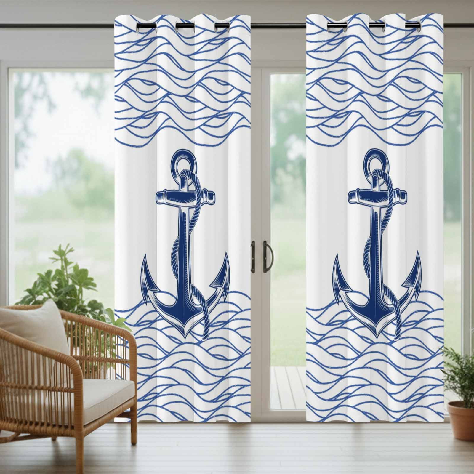 Blue White Anchor Outdoor Curtains for Patio, Nautical Navy Blue Ocean Waves Anchor Sunshade Privacy Drapes Grommet Waterproof Outside Curtains for Porch/Cabana/Balcony 54"x 95", 2 Panel