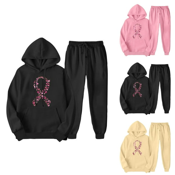 USSUMA Sweatsuits Women Women Hoodie Long Sleeved Pullover Sweatpant Outfits Pocket Drawstring Print Tracksuit Stretchy Waist Trendy Jogger Sets Plus Size Fitness Workout Fall Suit