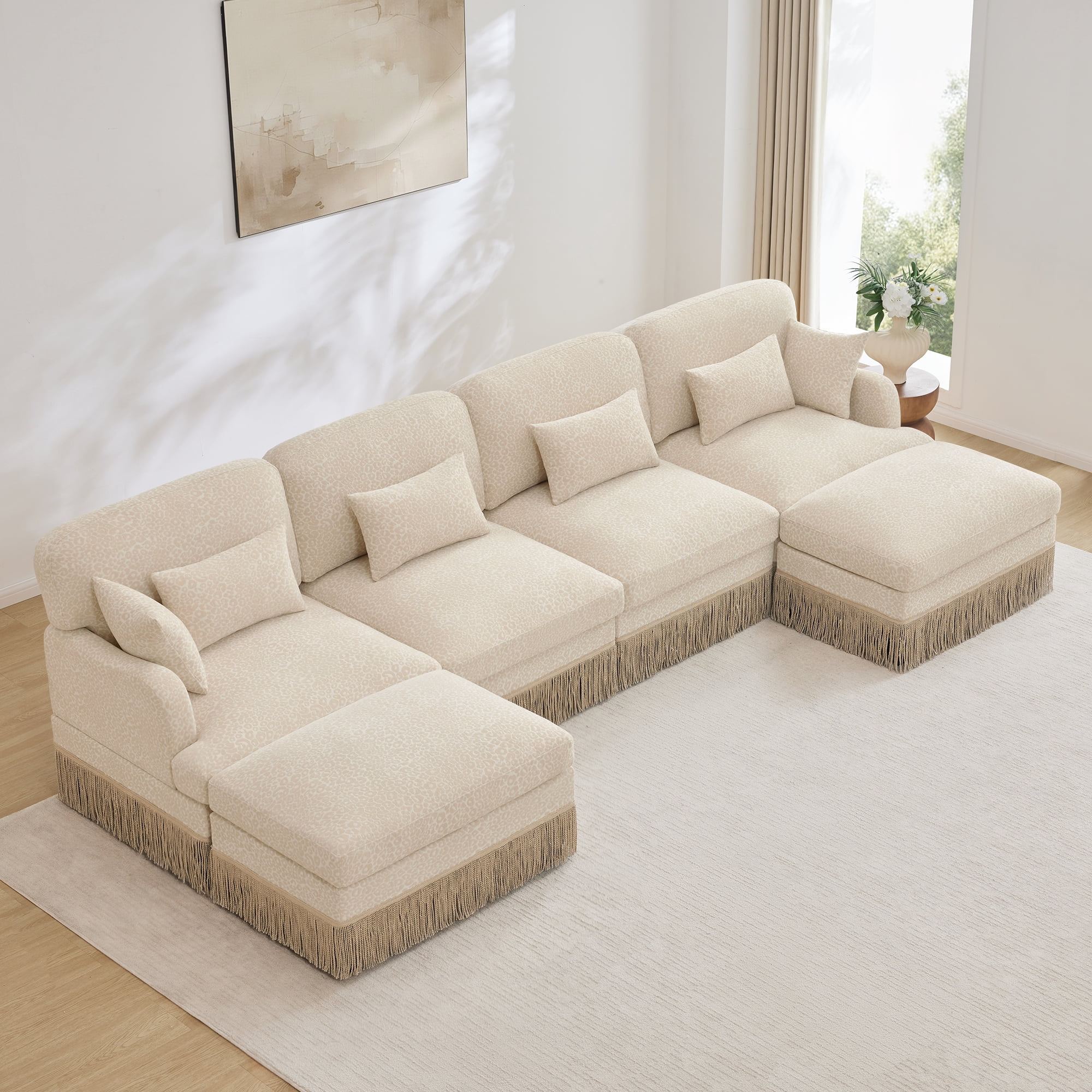 NEW 131" Comfy Chenille Leopard Print U-Shaped Sofa, Delicate Tassel Edge, Movable Ottomans, Ergonomic Design, Easy Assembly, Deep Seat, Beige Coffee