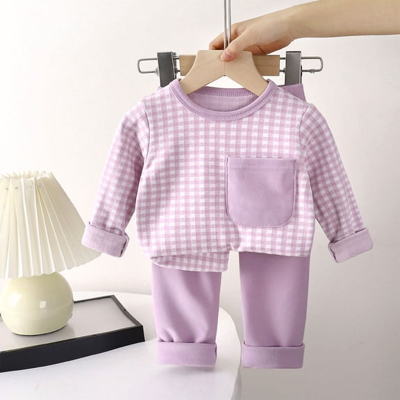 PInxai 2 Piece Sets for Unisex Casual Plaid Round Neck Tops Girls Boys Clothes Elastic Waisted Comfy Pants Homewear Outfits,Purple,1-2Years