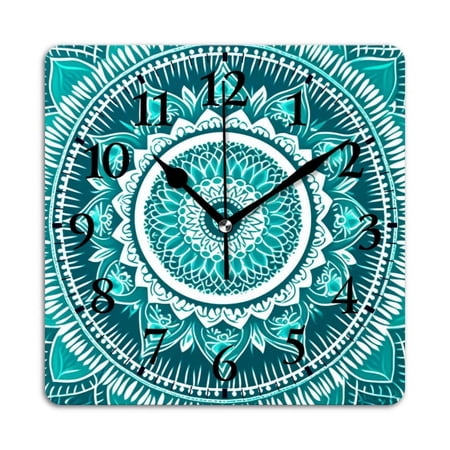 Square Wall Clock,Mandala Pattern With Turquoise And White Colors,Silent Non-Ticking Wall Clock Decor for Home Office Kitchen Living Room Bedroom(10inch)