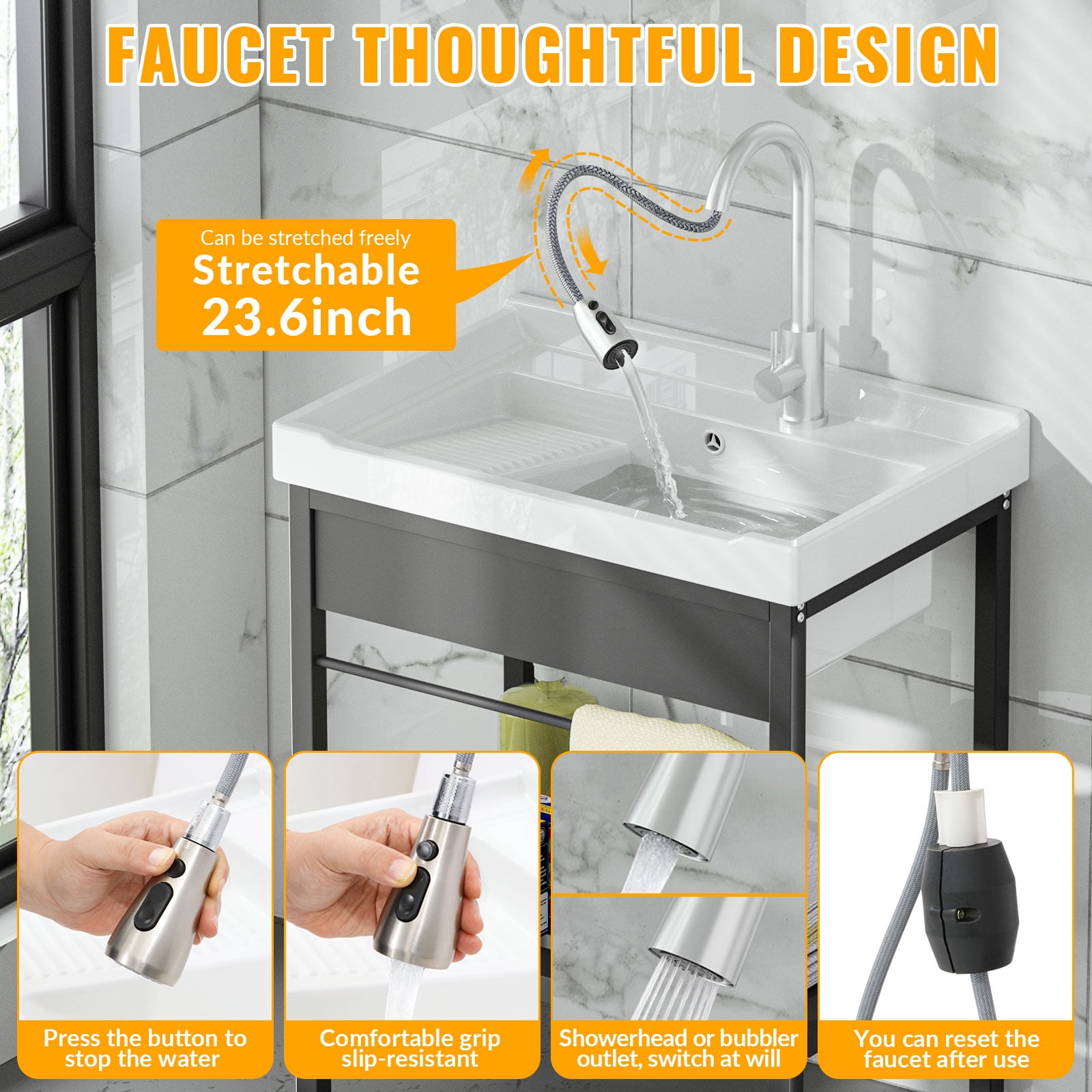 Laundry Room Sink, 26.8" × 17.7" × 34.3" Ceramic Utility Sink with Built-in Washboard, Complete Freestanding Basin with Hot & Cold Water Faucet, Water Hoses and Drain Assembly Kit, Ideal