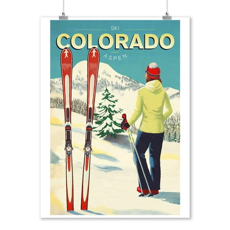 Aspen, Colorado - Woman Skier Mountain View - Ski Aspen - Lantern Press Artwork (9x12 Art Print, Wall Decor Travel