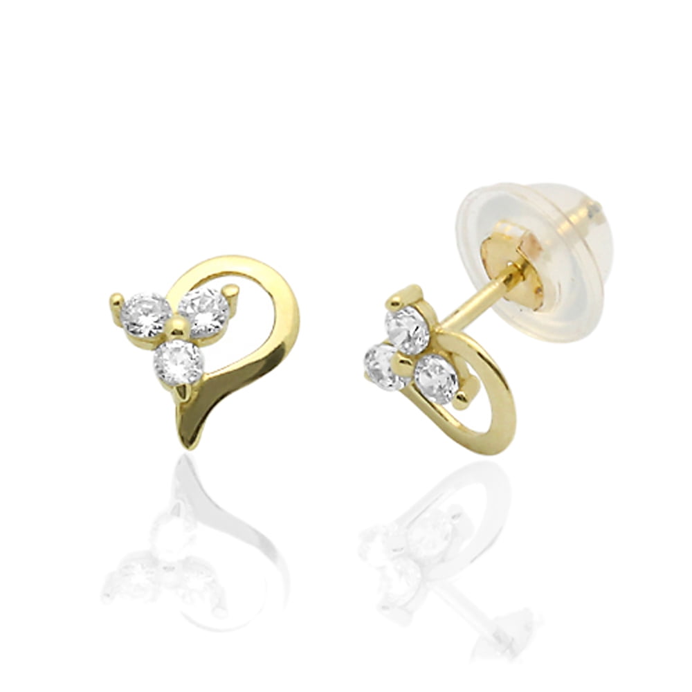 14K Yellow Gold Safetyback Stud Earrings Round Single CZ Accented Heart