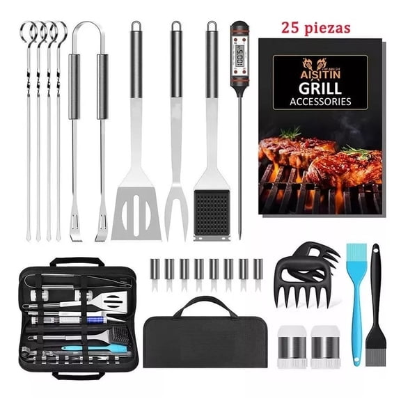 Kit Utensilios Para Parrilla Barbecue Innovanice 25 Pzas con estuche acero inoxidable