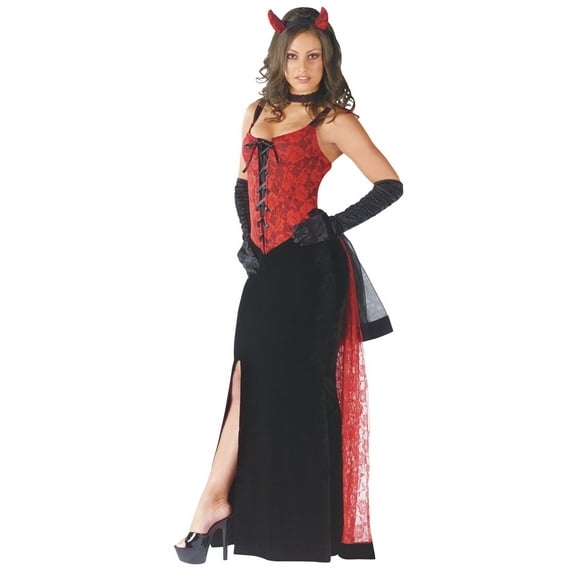 Fun World Devil Costume with Velvet Bustier Gown and Horn Headband for Adults, Small/Medium 2-8
