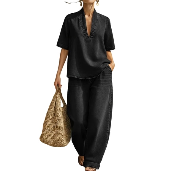 Domzest Two Piece Denim Suit Sets for Women Short Sleeve Deep V Neck Halter Tunic Top Matching Wide Leg Pants Casual Loose Outfits Black M