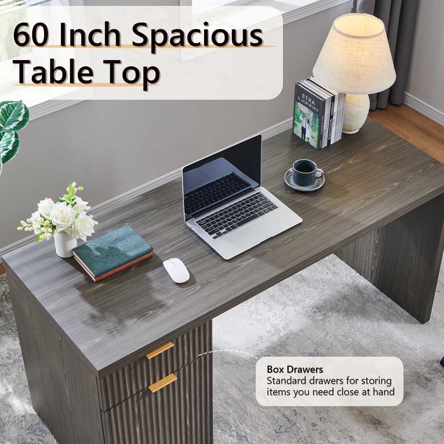 IFMust 60" Home Office Desk with Storage Drawer & Cabinet, Modern Executive Desk with Charging Station, Fluted Computer Desk for Study, Living Room, Grayish Green
