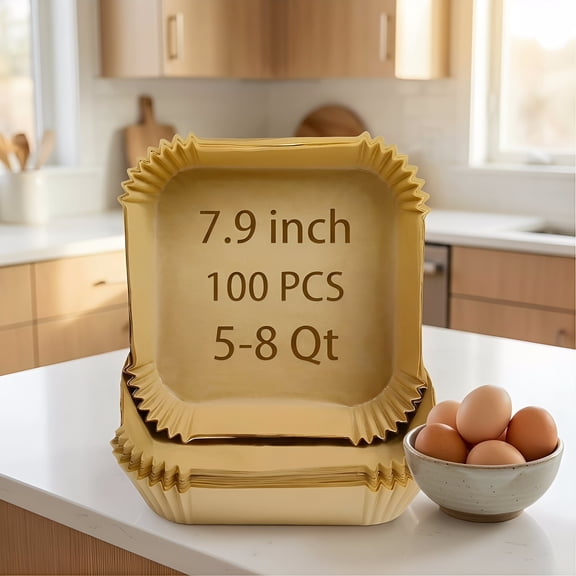 100-Pack Disposable Air Fryer Liners for COSORI 6 QT - 7.9 Inch Square Unbleached Parchment Paper Sheets, Non-Stick, Food Safe & Up to 430°F Heat Resistant