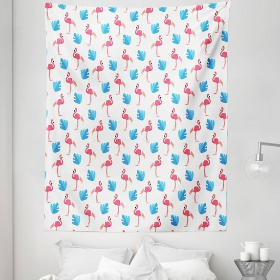 Tropical Tapestry, Pink Flamingo Birds and Blue Palm Trees Pattern Exotic Hawaiian Nature, Fabric Wall Hanging Decor for Bedroom Living Room Dorm, 5 Sizes, Pink Blue and White, by Ambesonne