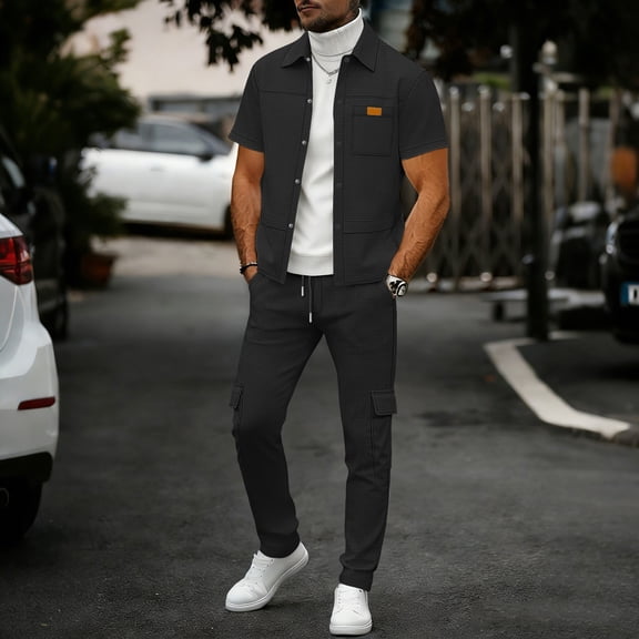 Mifsaly 2 Piece Set for Men Textured Waffle Knit Short Sleeve Button Down Shirts and Cargo Pants with Multi Pockets Casual Summer Travel Matching Lounge Outfits Black,XL