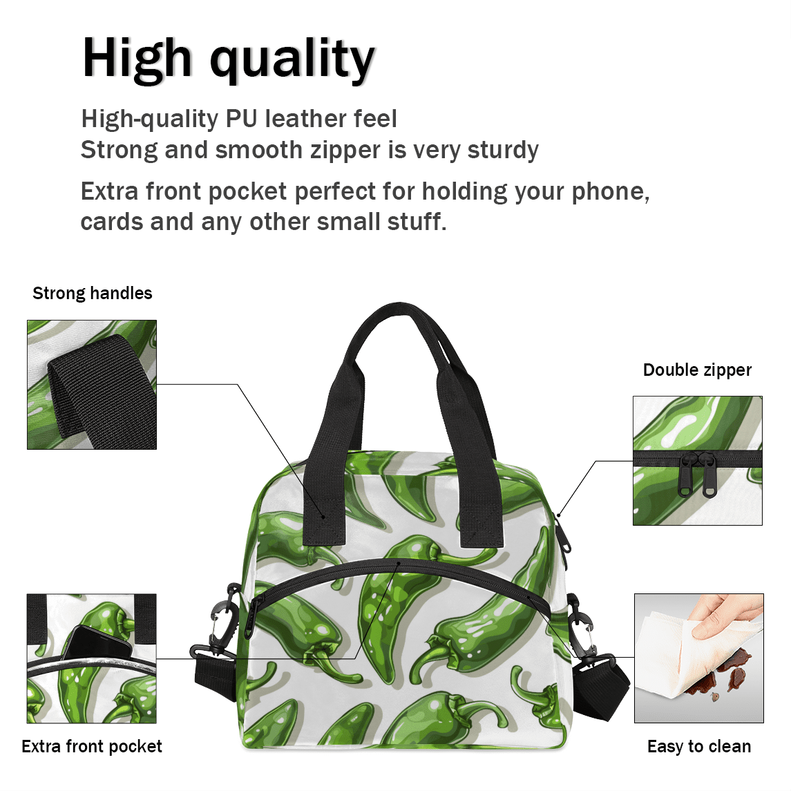 Herdesigns Chili Pepper Insulated Lunch Bag for Women Men Adults Large Reusable Lunch Box Green Chili Leakproof Cooler Tote Bags with Adjustable Shoulder Strap