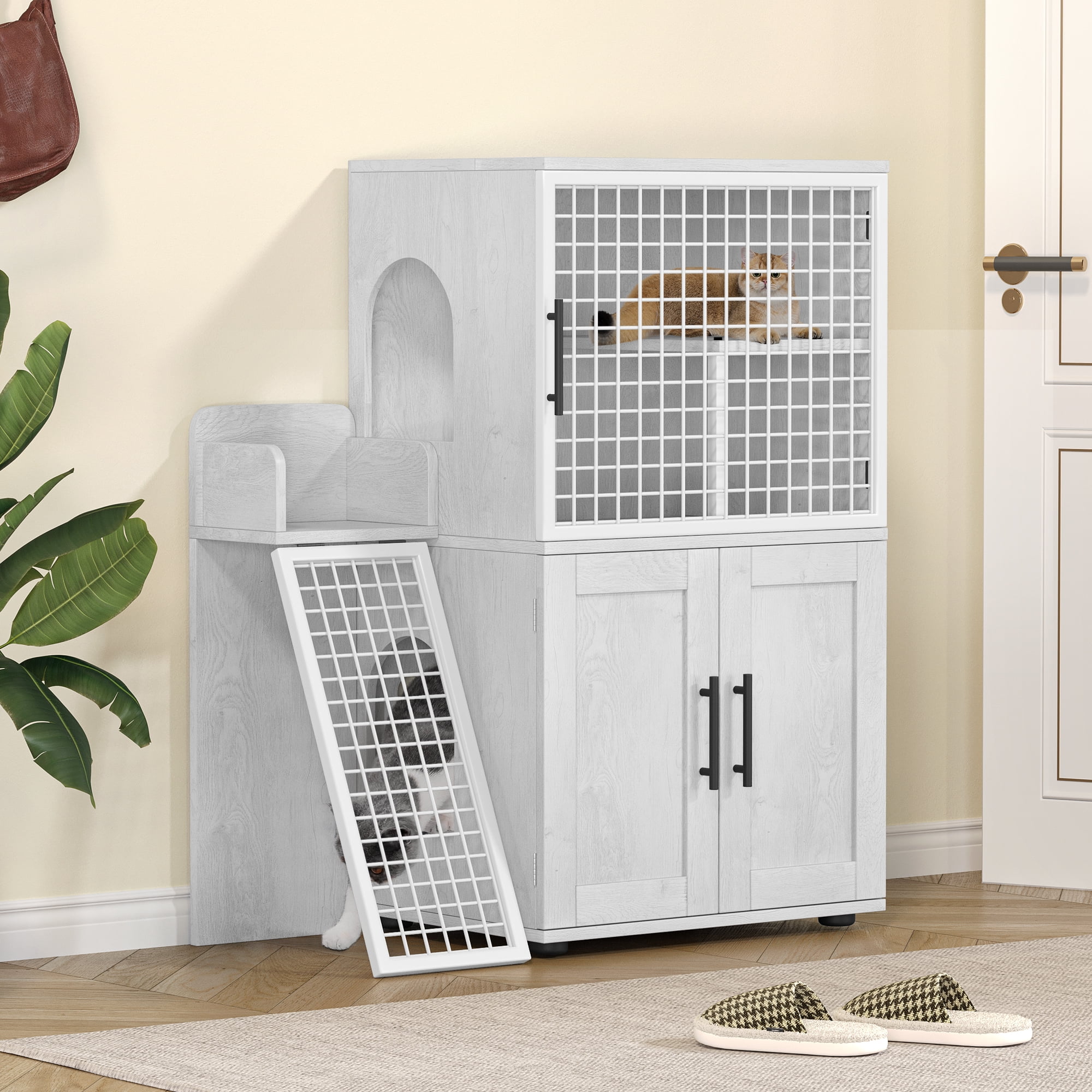 EastVita Cat Litter Box Enclosure with Platform,Double Layer Hidden Cat Litter Furniture,Cat Washroom Indoor Cat House,White