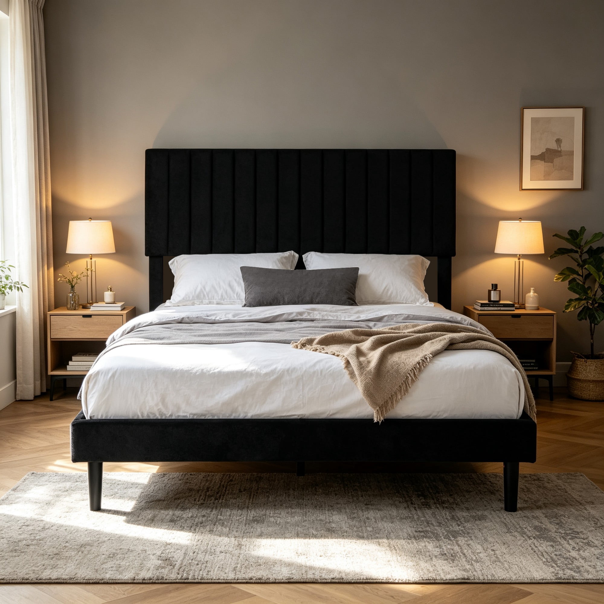 BSHTI King Size Velvet Platform Bed Frame with Adjustable Upholstered Headboard, Wood Slats, No Box Spring Needed for Bedroom（Black）
