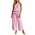 thumbnail image 2 of BRELIL Women High Neck Sleeveless Peplum Top Wide Leg Pants Two Piece Set Plaid Boho Vacation Casual Loose 2 Piece Travel Outfit, Pink L, 2 of 7