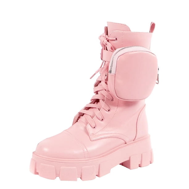 Botas de plataforma elegantes con bolsillo pequeño para mujer, botas de cabeza redonda con cordones para otoño