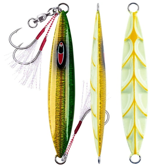 Goture Glow Slow Pitch Jigs with Portable Jig Bag, Double Assist Hook Fishing Jig Lead Saltwater Jigging Lures for Tuna, Dogtooth Tuna, Yellowtail, Kingfish, Bluefin-3Weights(100g/150g/250g) &3Colors
