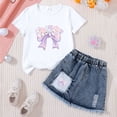 thumbnail image 2 of Pandaie 3-7Y Girls Clothes Short Sleeve Bow T-Shirt Denim Skirt Shorts Set Toddler Summer Outfits Cute 2 Piece Clothing for Little Big Kid White 7Y(6-7 Years), 2 of 3