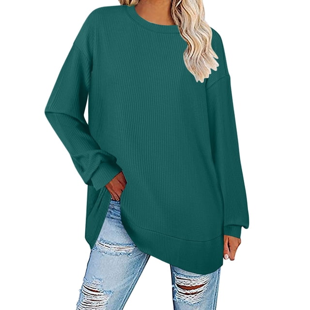 NINGMENG Womens Tops Solid Color Round Neck Long Sleeve Loose Knit Ribbed Lightweight Tops Pullover Tee Shirts Activewear,Green,M