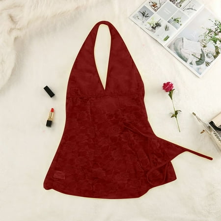 Fengqque Ladies Sexy Underwear Hanging Neck Lace See-Through Babydoll Nightdress