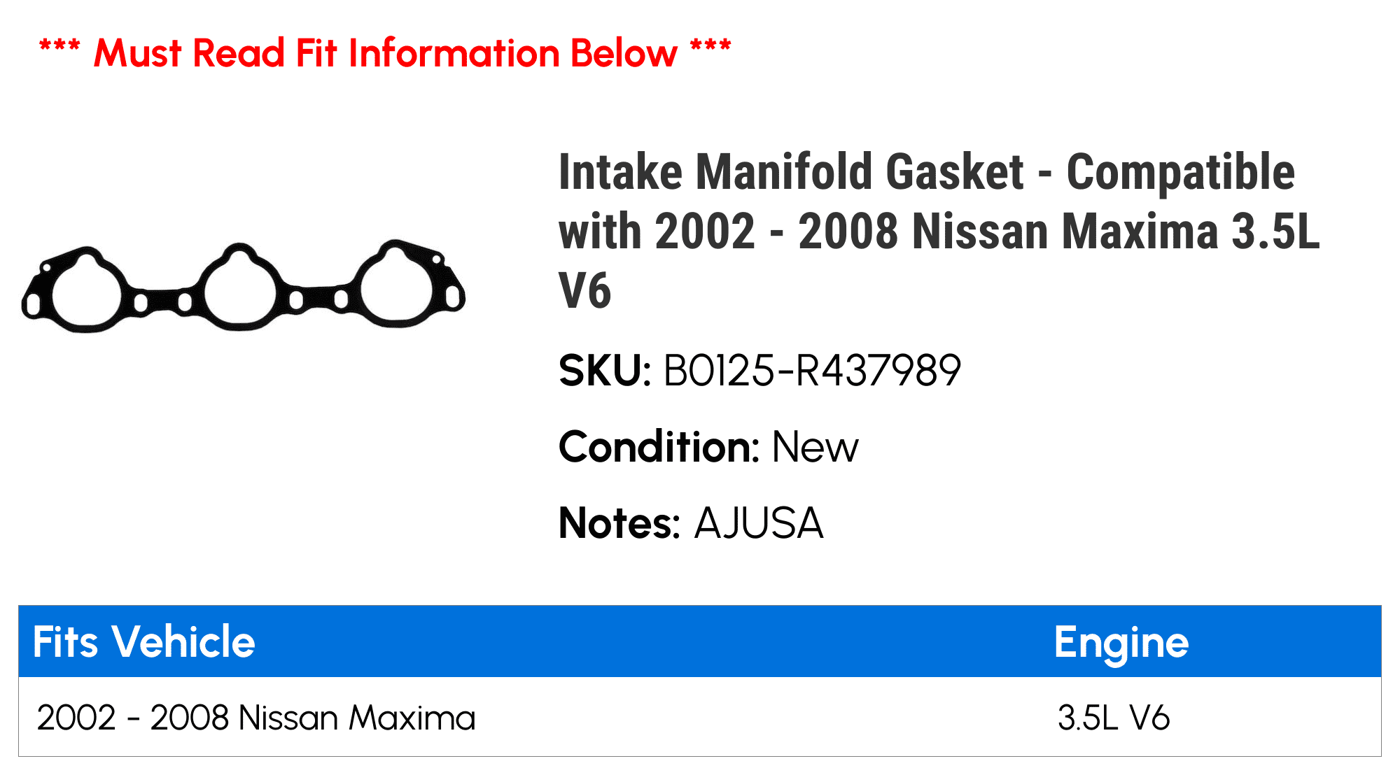 Intake Manifold Gasket - Compatible with 2002 - 2008 Nissan Maxima 3.5L V6 2003 2004 2005 2006 2007
