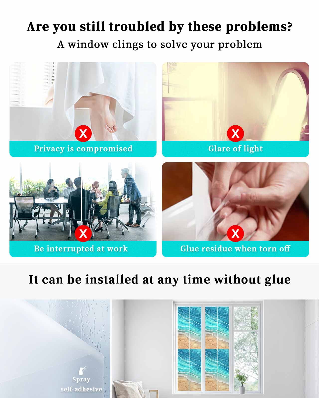 Window Privacy Film, Turquoise Ocean Ombre UV Sun Blocking Window Tint Film Heat Control One Way Blackout Window Film, Spring Summer Coastal Sea Wave Non Adhesive Static Cling Sticker 23.6x78.7 In