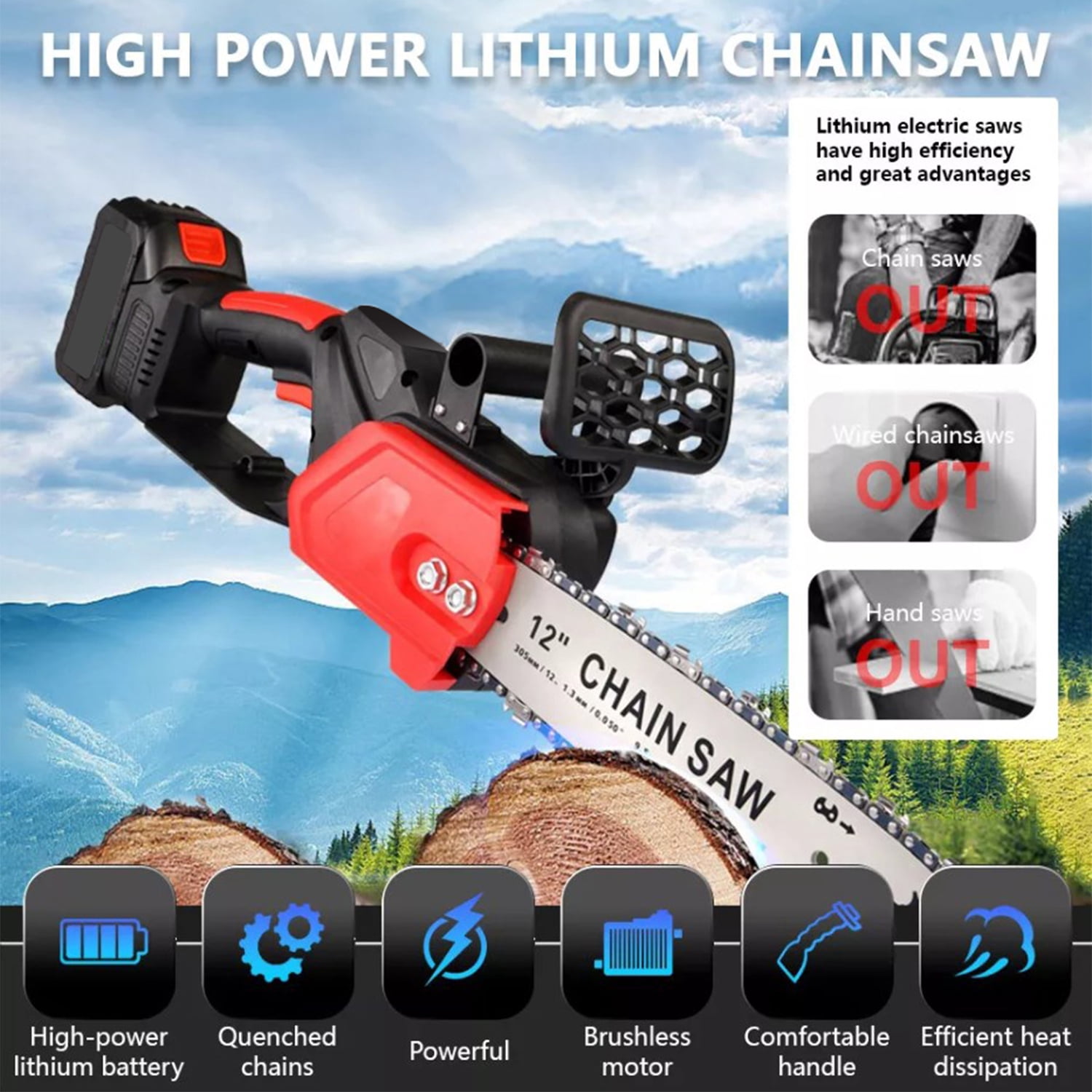 12" Electric Chainsaw Cordless Handheld Chain Saw Wood Cutter + Battery 2 Chains, Ideal for Medium Yard, Garden, and Farm Wood Cutting