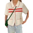 thumbnail image 2 of Womens Striped Short Sleeve Sweater Casual Knitted Button Down Crochet Cardigan Vintage Y2k Hollow-Out Tops, 2 of 4