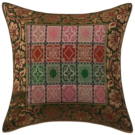 Stylo Culture Indian Sofa Throw Pillow Cover 16x16 Jacquard Dark Green Traditional 40cm x 40cm Home Decor Brocade Floral Zippered Square Cushion Cover | 1 Pc