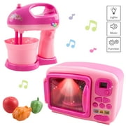 Toy Microwave and Mixing Blender Children's Kitchen Pretend Play Playset Battery Operated Appliance Set With Food Pieces Perfect For Early Learning Educational Preschool Girls Cooking Toys (Pink)