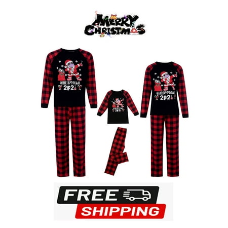 

New Christmas Pajamas for Family Long Sleeve Round Neck Santa Print Tops + Trousers