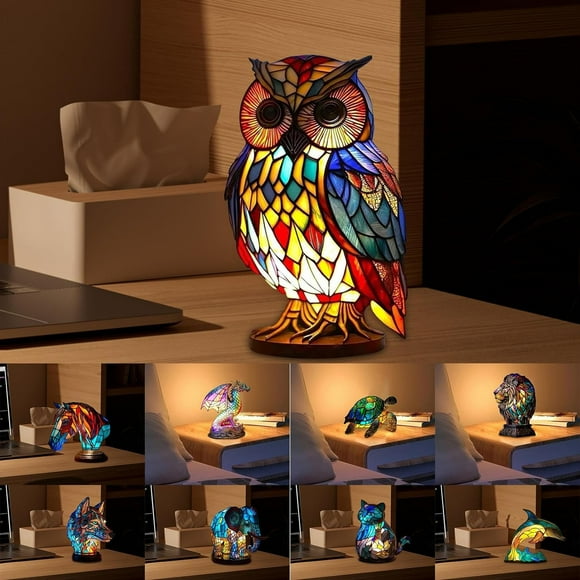 Animal Table Lamp Series, Tiffanies Style Stained Glass Lamp, Vintage Stained Glass Animal Lamp, Bohemian Animal Night Light for Living Room & Bedroom Owl